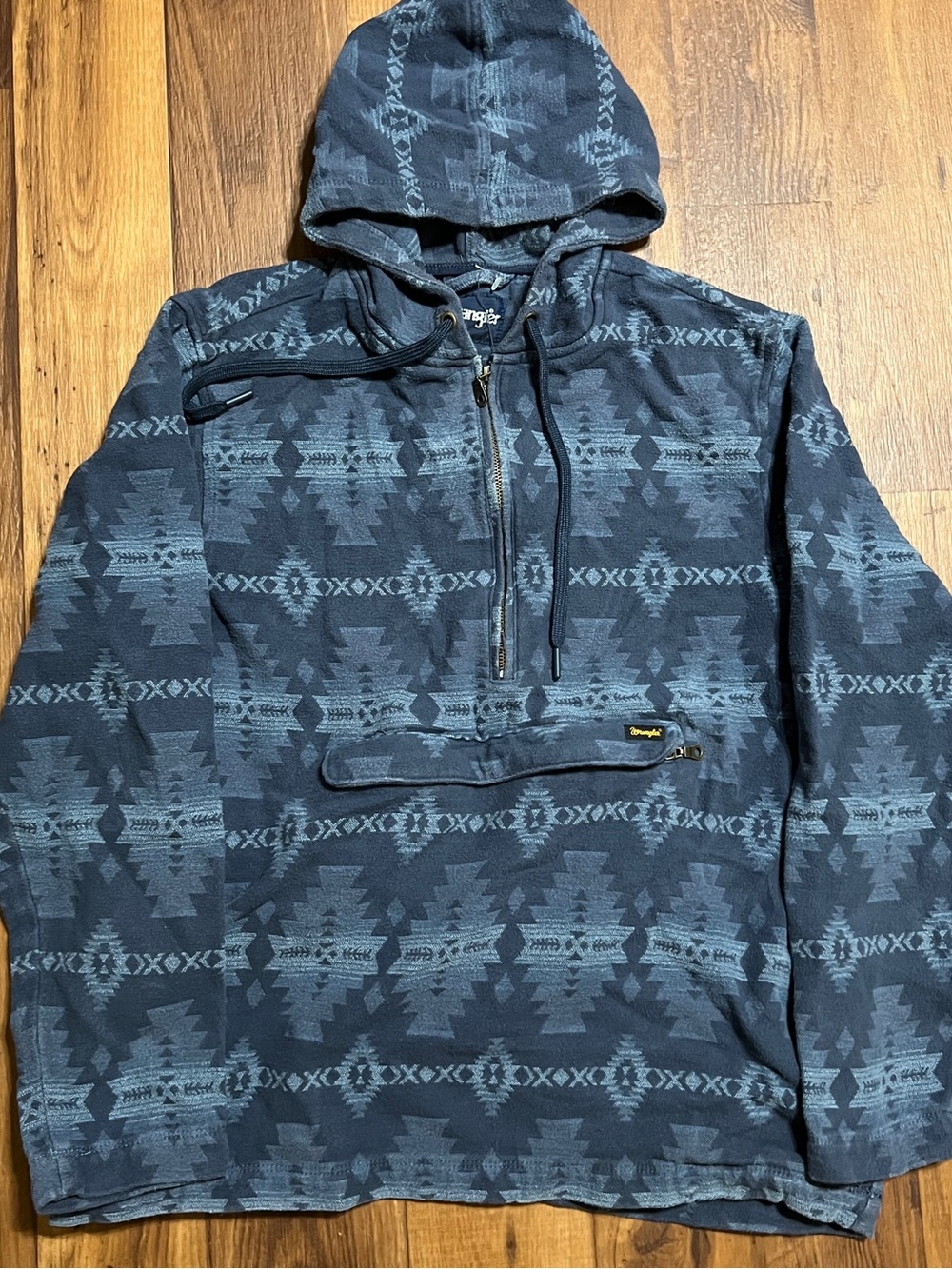 Wrangler Southwestern Aztec Quarter Zip Hoodie Mens Large Blue Pullover Pocket